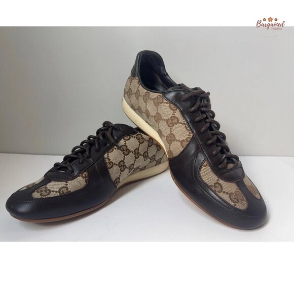 Auth GUCCI Brown Guccissima Canvas/Leather Interlocking GG Sneakers 6.5 - Picture 10 of 11
